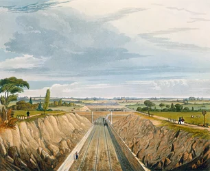 Perto de Liverpool, olhando em direção a Manchester, a placa 11, da "Vista colorida da ferrovia Liverpool und Manchester", gravada por H. Pyall, publicada por Ackermann und Co., Londres, 1833